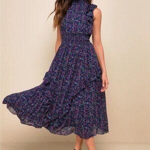 Lulus XS Evalina Navy Blue Floral Print Mock Neck Midi Dress
